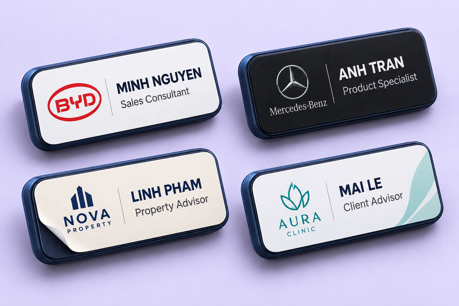 Illustrative branded Smart ID name stickers with staff names and titles
